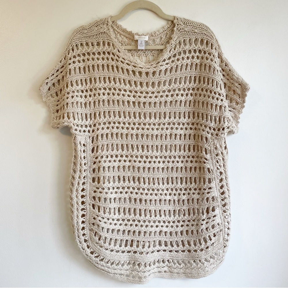 CHICO’S linen cotton Open Knit Poncho crochet Sweater top Large short sleeve 2